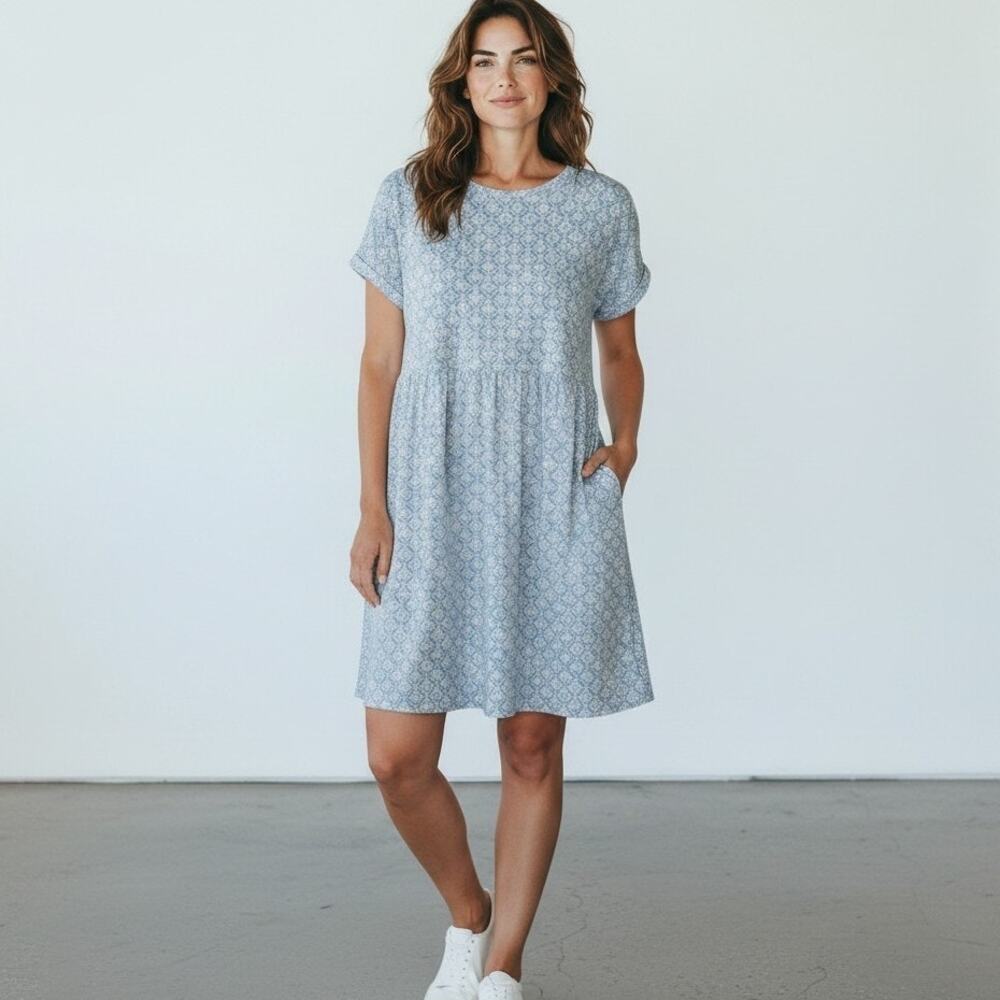 Vineyard Vines Girls XL Blue Every Day Jersey Dress Calm Water Floral Pattern